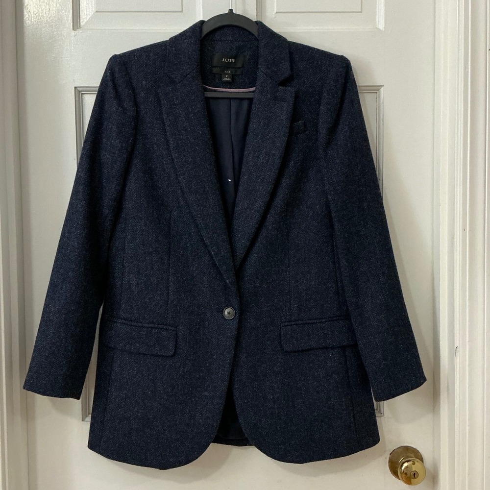 J.Crew Alfie Blazer 2 Navy Moon British Wool Herringbone Tweed Dark Academia